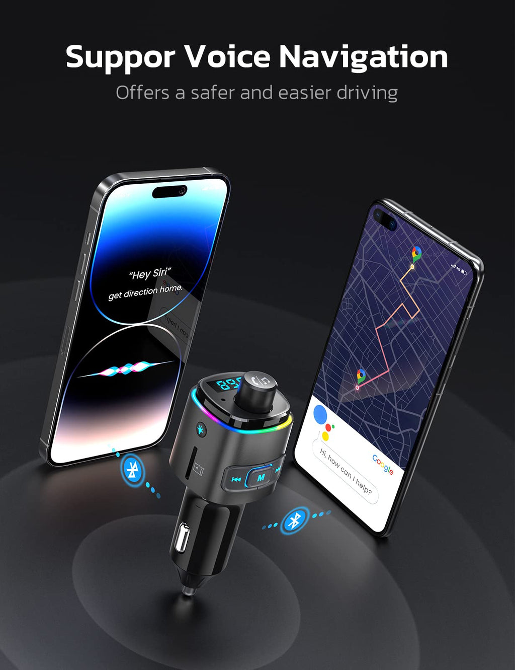 Nulaxy Bluetooth FM Transmitter for Car, QC3.0 Fast Charge Bluetooth Car Adapter, Wireless Radio with 7 Color LED Backlit, Support Hands-Free Calls, USB Flash Drive, microSD Card (Black)