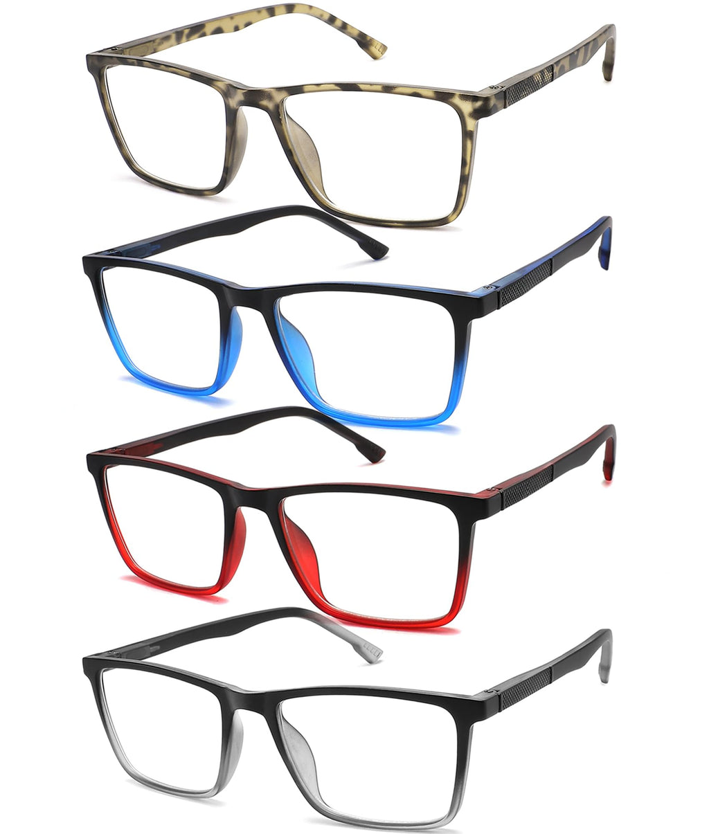 READITEASY Mens Reading Glasses 2.0+ Blue Light Blocking 4 Pack, Wide Computer Readers for Men with Spring Hinge Reduce Eyestrain/UV/Dryness, Square Large Trendy Eyeglasses 2.0