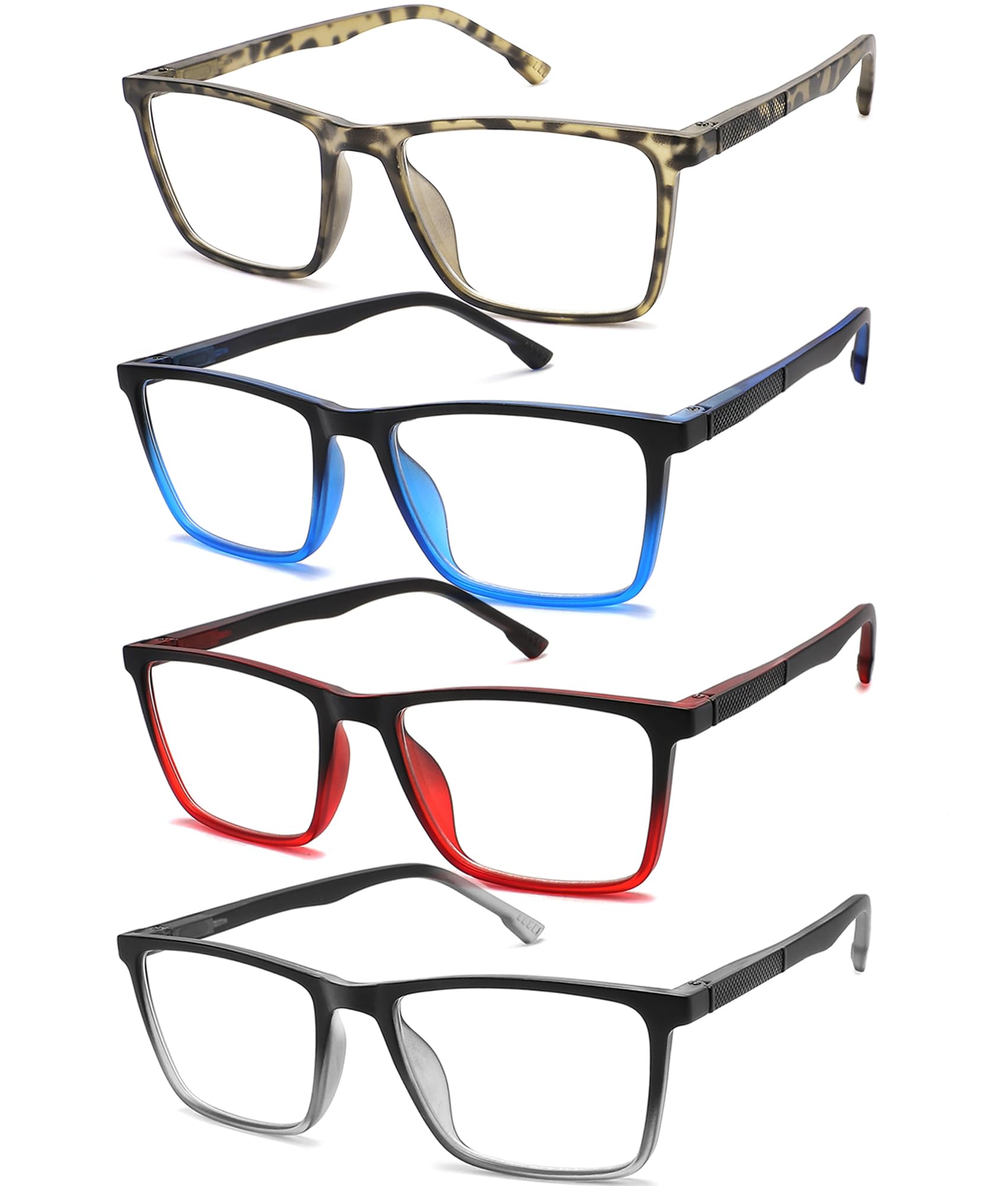 READITEASY Mens Reading Glasses 2.0+ Blue Light Blocking 4 Pack, Wide Computer Readers for Men with Spring Hinge Reduce Eyestrain/UV/Dryness, Square Large Trendy Eyeglasses 2.0
