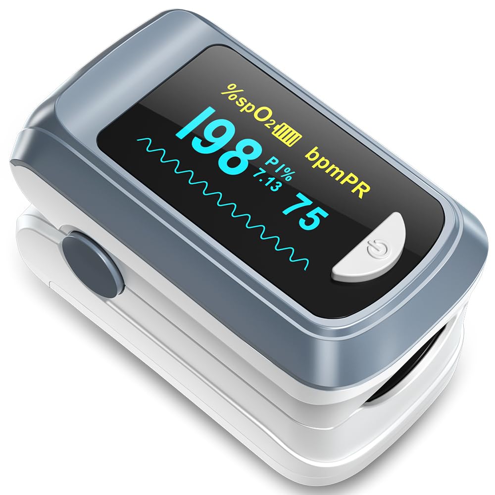 Fingertip Pulse Oximeter Blood Oxygen Monitor Finger for Adult & Children Portable Oxygen Level Monitor with OLED Screen Included 2 X AAA Batteries and Lanyard