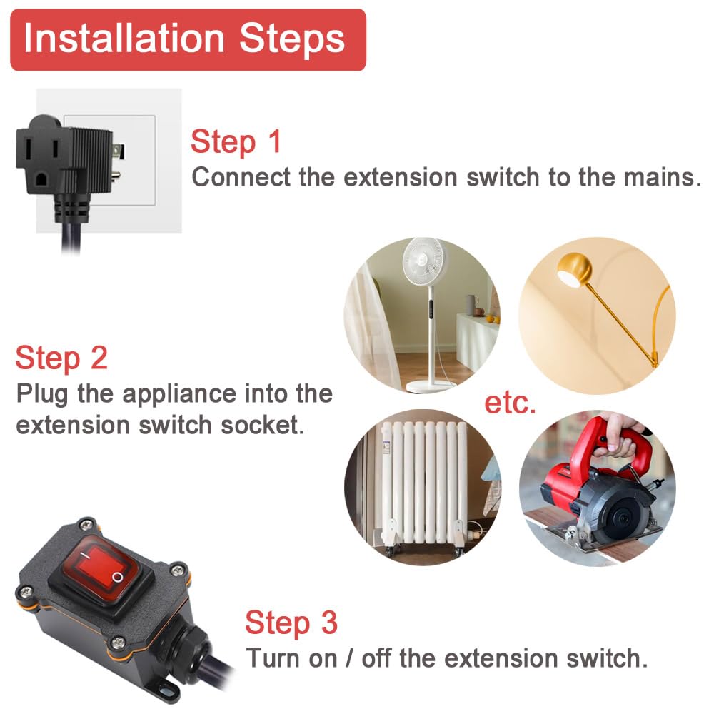 Inline Cord Switch with 3.3FT 14AWG Cable Piggyback Plug(3-Pronged), IP67 Waterproof Extension Cord with On/Off, AC/DC 20A-125V Inline Power Switch with Red LED Rocker Button