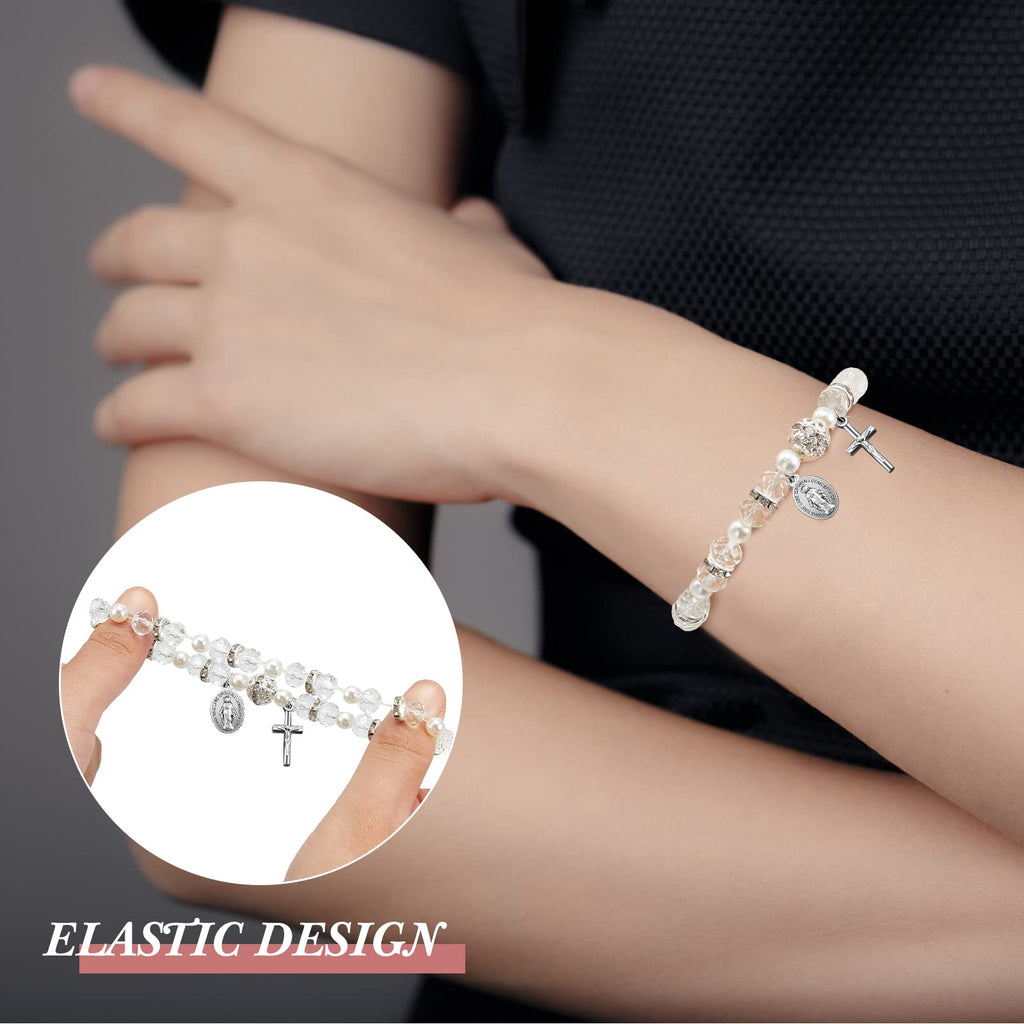 Taiyin 12 Pcs Rosary Bracelet Bulk with Mesh Bags, White Religious Rosary Bead Bracelet Catholic Bracelets, Baptism First Communion Gifts for Women (Silver)