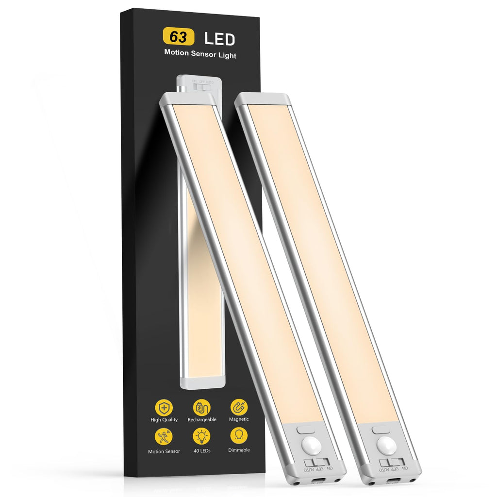 Under Cabinet Lights, 63 LED Rechargeable Motion Sensor Lights Indoor, 2 Pack Dimmable Magnetic Closet Lights, Wireless Under Counter Lights for