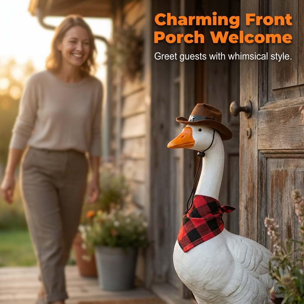Premium Adjustable Large Porch Goose Statue – 14 Inch Realistic Hollow Plastic Garden Goose with Removable Cowboy Hat & Bandana, Stone Base with Sand-Fillable Design for Outdoor Stability (White)