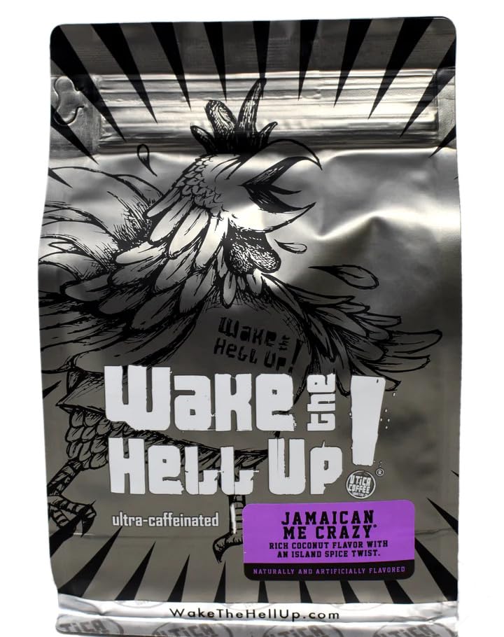 Wake The Hell Up! 12oz Ultra-Caffeinated Jamaican Me Crazy Ground Coffee, Low Acid, Medium-Dark Roast