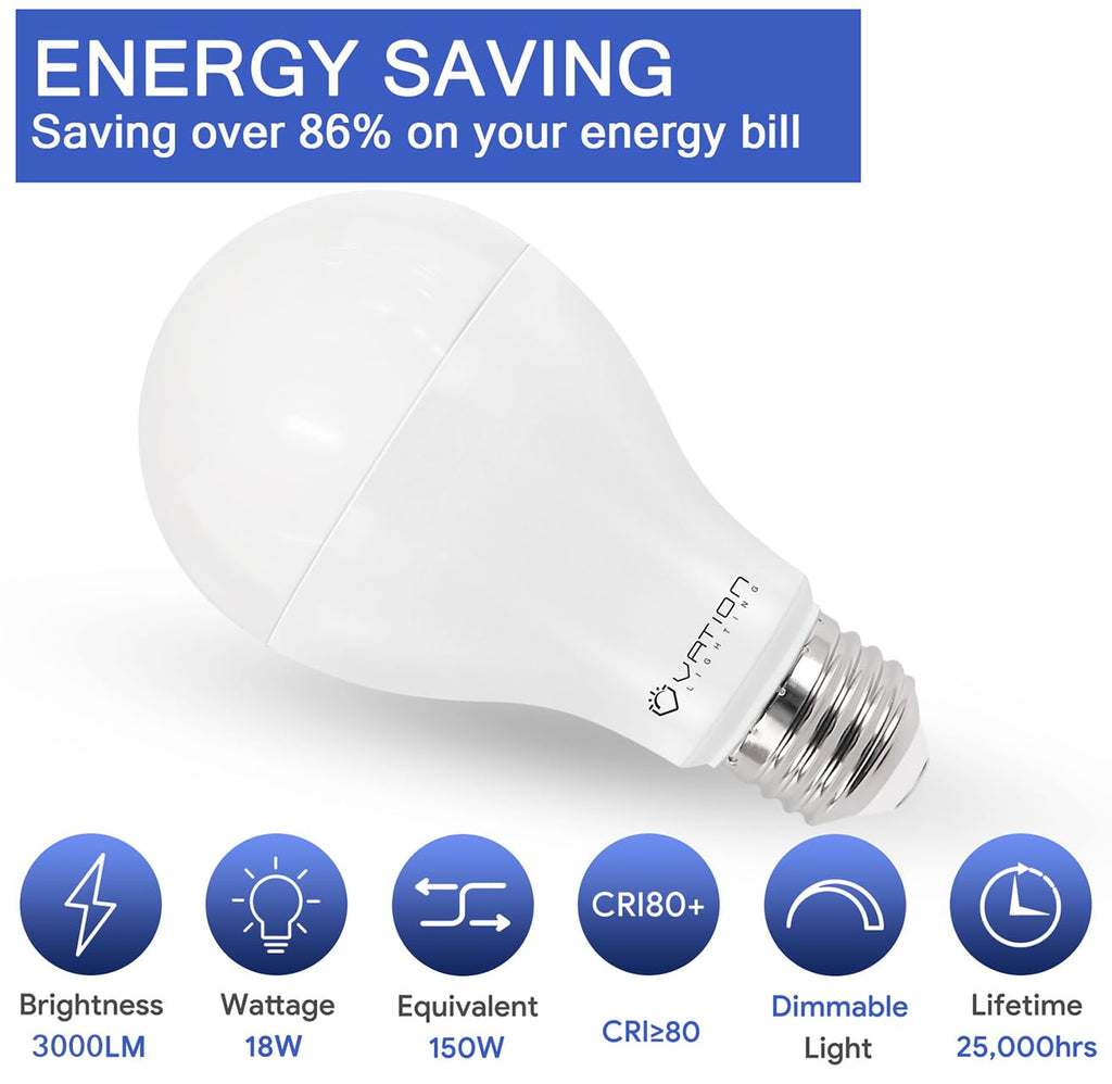 18W Super Bright LED Bulb, A21 Dimmable LED Light Bulb, Stable Heat Dissipation, 2,5000 Hour Lifespan, 3000 High Lumen, 150-200 Watt Equivalent, 5000K Daylight, E26 Porch Light Bulb, 4-Pack
