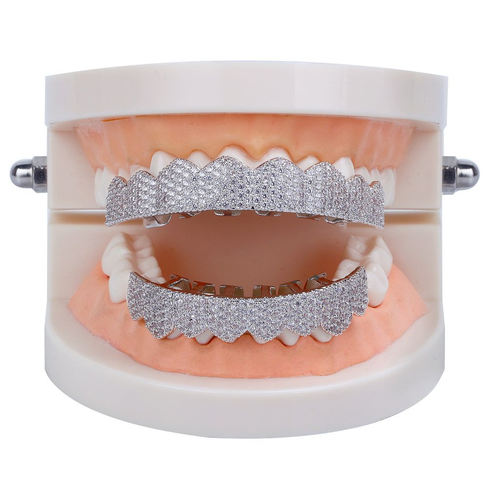 JINAO Grillz Teeth Men - Grills for Your Teeth 8 Top & Bottom Set, 18K Gold-Plated Brass Dental Grills with Molding Bars, Unisex Hip-Hop Rapper Costume Accessory(Iced Silvery Set)