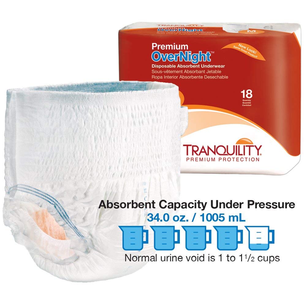 Tranquility Premium OverNight Disposable Absorbent Underwear (72 Count) - M, 34-48 in. Waist - Maximum Absorbency, All-Night Sleep, Breathable Comfort, 72 Adult Diapers