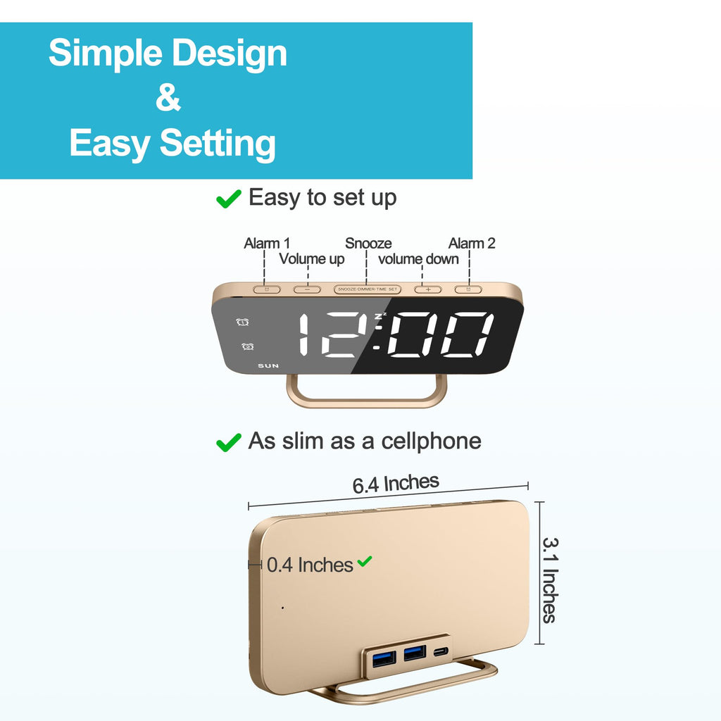 Slim LED Digital Alarm Clock, Mirror Surface for Makeup, with Diming, Large Display, Easy Setting, USB Charger Ports, Modern Bedroom, Desk, Office Living Room Decor, Christmas Birthday for Women Girl