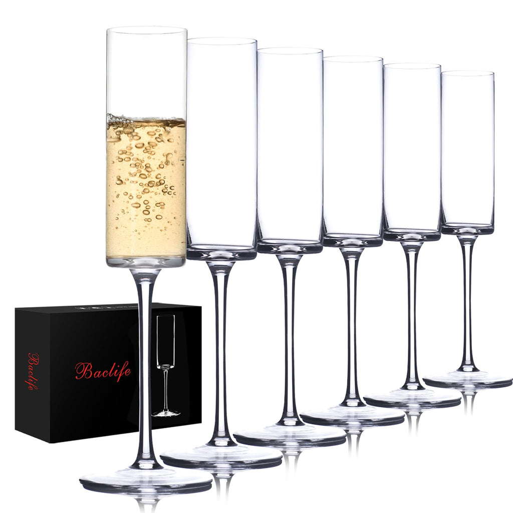 BACLIFE Hand Blown Champagne Flutes, Crystal Champagne Glasses Set 6, 6.5oz