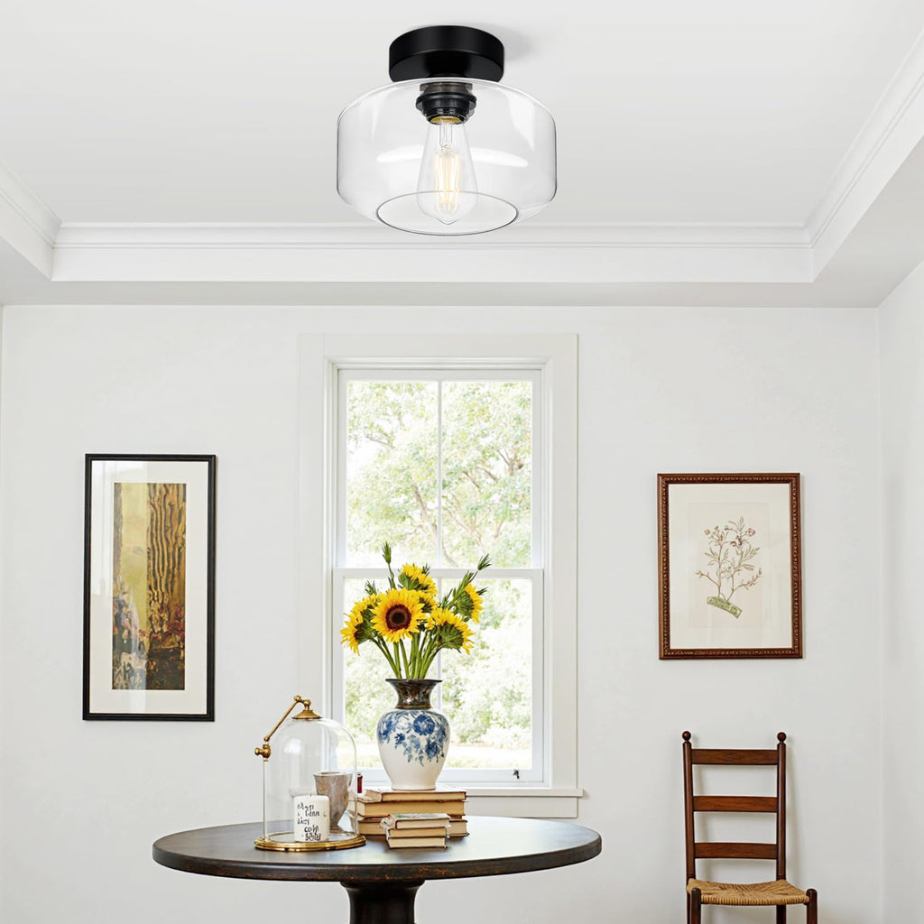 Lynnoland Industrial Semi Flush Mount Ceiling Light Black, Clear Glass Shade Ceiling Light Fixture, Farmhouse Light Fixtures for Hallway Corridor Kitchen Bathroom Bedroom Passway Foyer