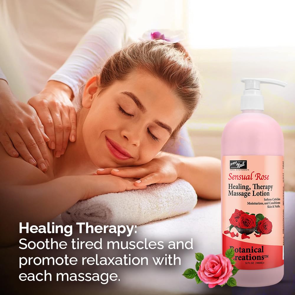 PRO NAIL - Healing Therapy Massage Lotion - Professional Pedicure, Body and Hot Oil Manicure, Infused with Natural Oils, Vitamins, Panthenol and Amino Acids (Sensual Rose, 32 Oz)