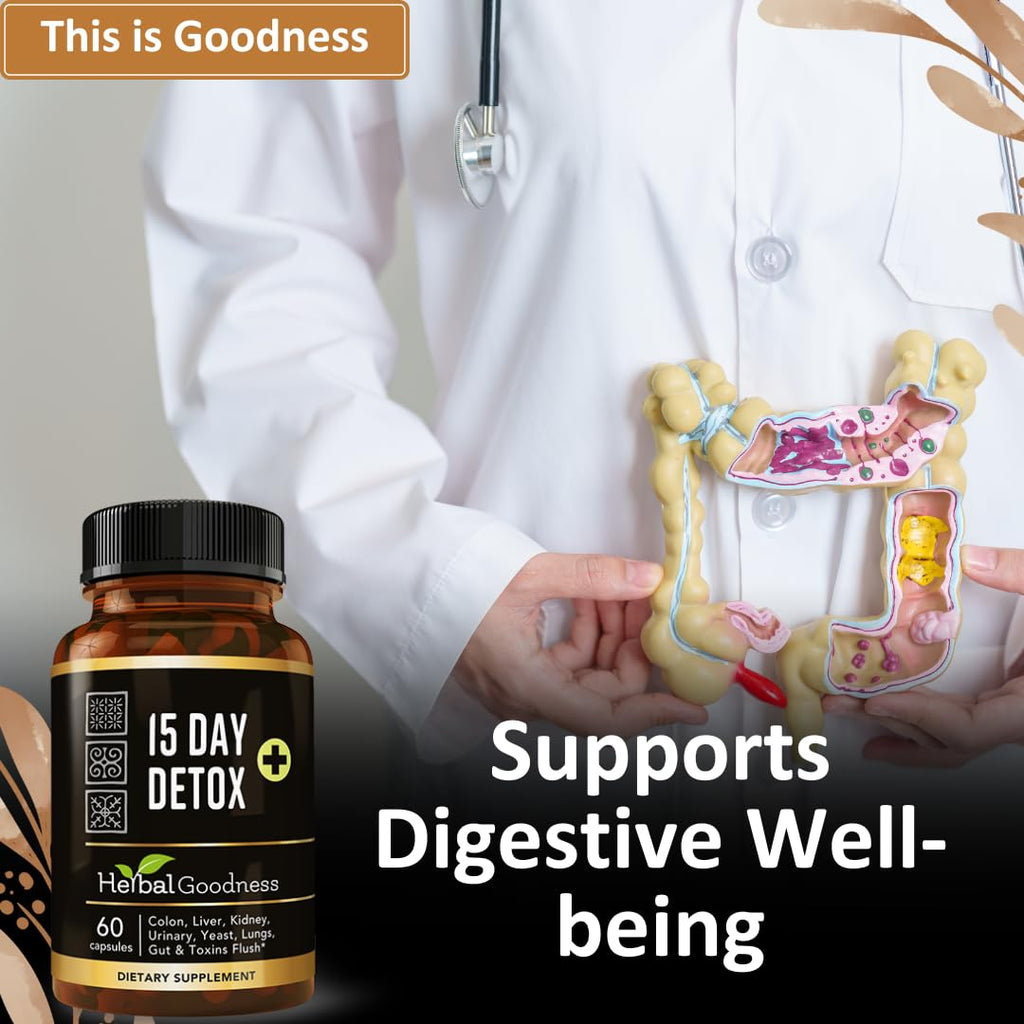 Herbal Goodness 15 Day Detox Capsules (60caps) - Natural Body Detox, Colon Cleanse Support, Gut Health Detox Supplement, Liver and Kidney Support | Non GMO, Gluten Free, Vegan-Friendly - Made in USA