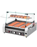 VEVOR Hot Dog Roller, 30 Hot Dog 11 Rollers, Stainless Steel Sausage Grill Cooker, 1600W Commercial Hot Dog Machine with Dual Temp Control, Cover, Side Storage Box, Removable Shelf & Oil Drip Tray