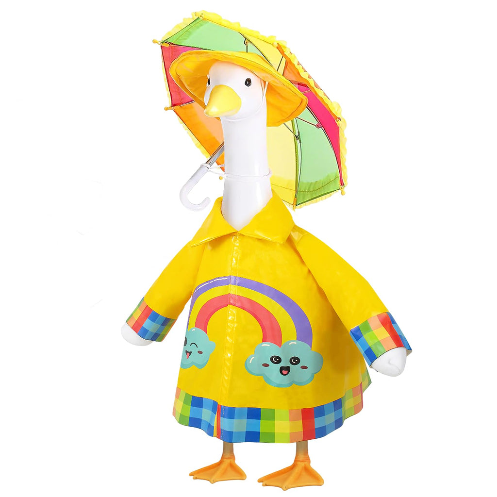 Raincoat Porch Goose Outfits,3 Pcs Waterproof Goose Outfit with Hat, Umbrella,and Raincoat,Funny Summer Lawn Goose Clothes,23" Yellow Cement Goose Statue Costume for Garden Patio Yard Decoration