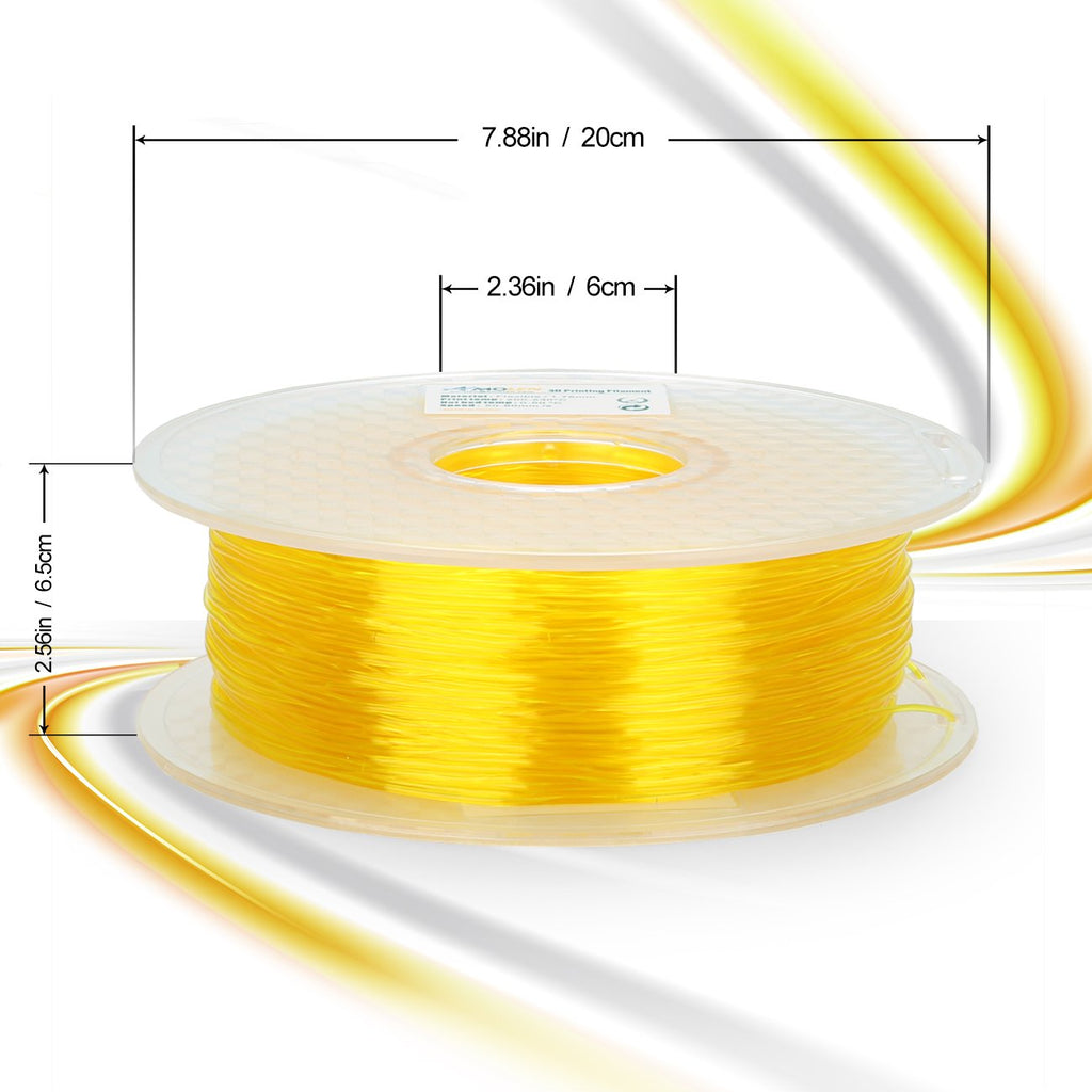 AMOLEN 3D Printer TPU Filament 1.75mm, Transparent Yellow, 0.8KG/1.8LBS +/- 0.03 mm, Includes Sample Wood Filament & Shining Gold Filament.
