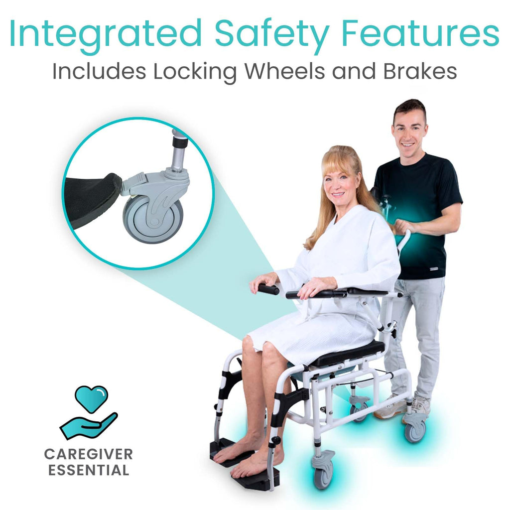 Vive Reclining Shower Chair with Wheels - Commode Wheelchair for Seniors, Disabled & Handicap - Padded Transfer Rolling Chairs w/Arms - Portable, Waterproof Shower Chair - Reclines for Easy Hair Wash