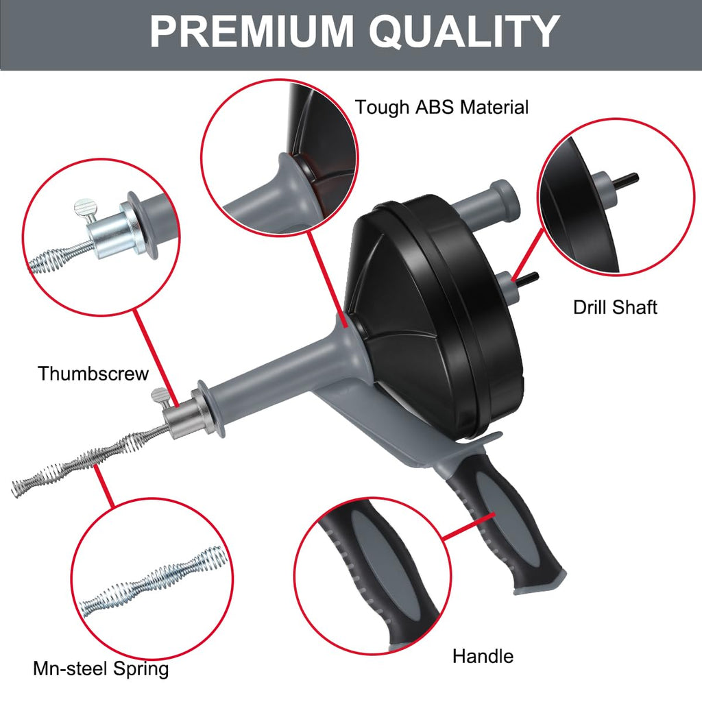 Drain Auger, Clog Remover with Drill Adapter, 25 Feet Flexible Plumbing Snake Use Manually or Powered for Kitchen,Bathrom and Shower Sink, Comes with Gloves(Gray)