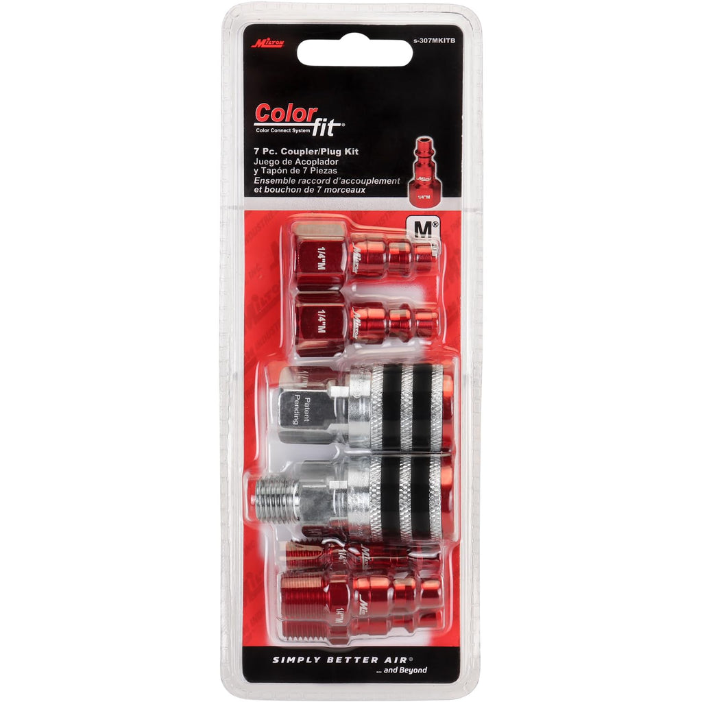 Colorfit by Milton Coupler & Plug Kit (M-Style) with Rubber Bumpers – 1/4" NPT Quick Connect Hose Fittings for Air Tools & Compressors - 7-Piece