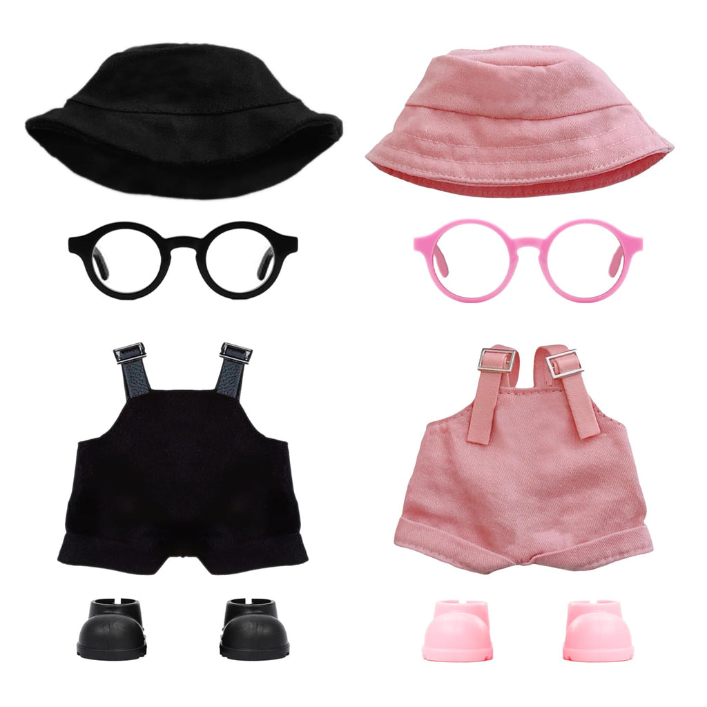 2PCS Doll Clothes Set for 17cm Dolls – Stylish Outfit with 2 Hat, 2 Overalls, 2 Shoes & 2 Glasses of Clothes Designer, Cute Clothes for Dress up Unique Style (Black+Pink) (Doll Not Included)