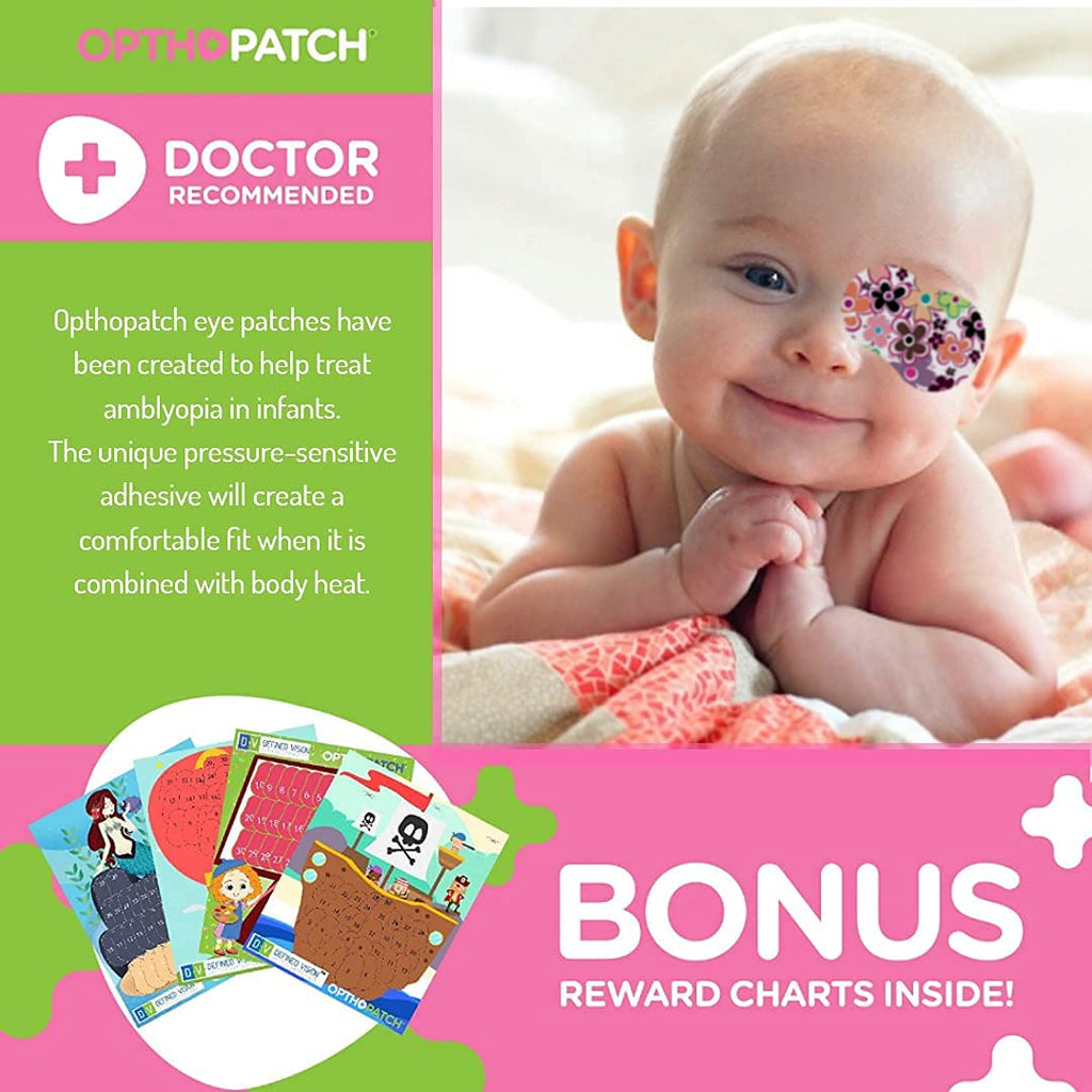 Opthopatch Eye Patches for Infants - Extra Sensitive Adhesive - Girls' Design [Series I] - 70 Count + 2 Reward Charts