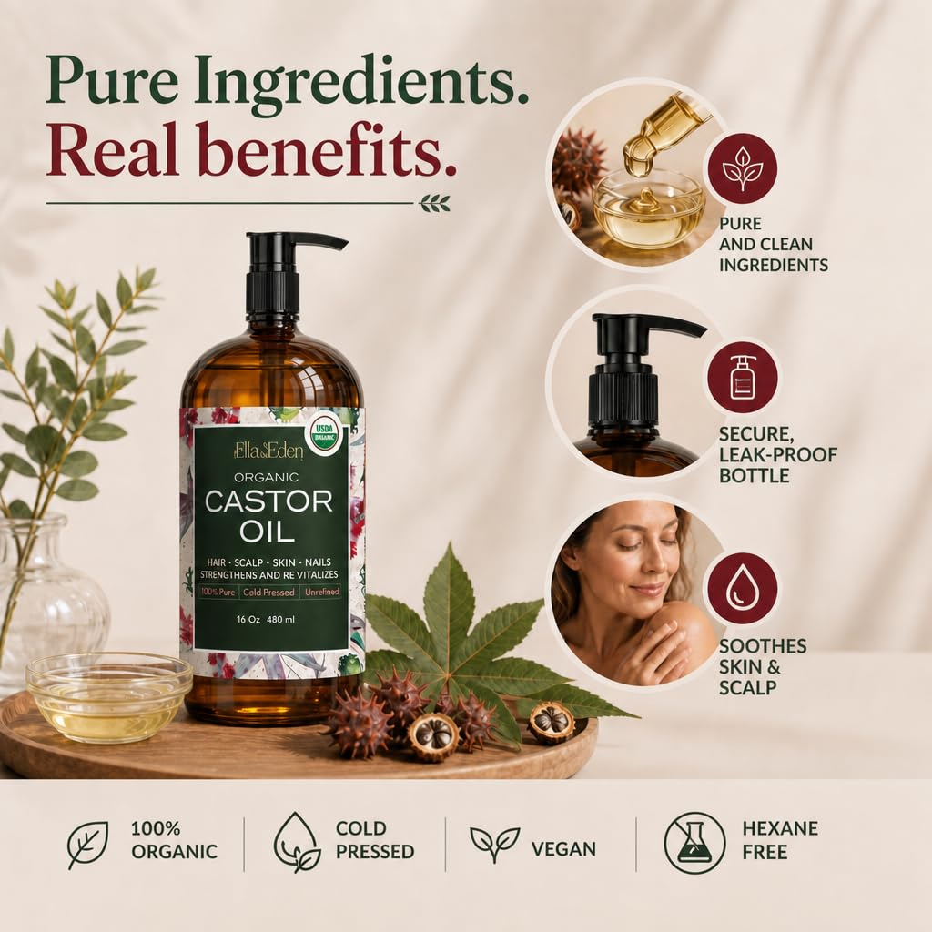 USDA Organic Castor Oil, 100% Pure Cold-Pressed Hexane-Free, 16 Oz