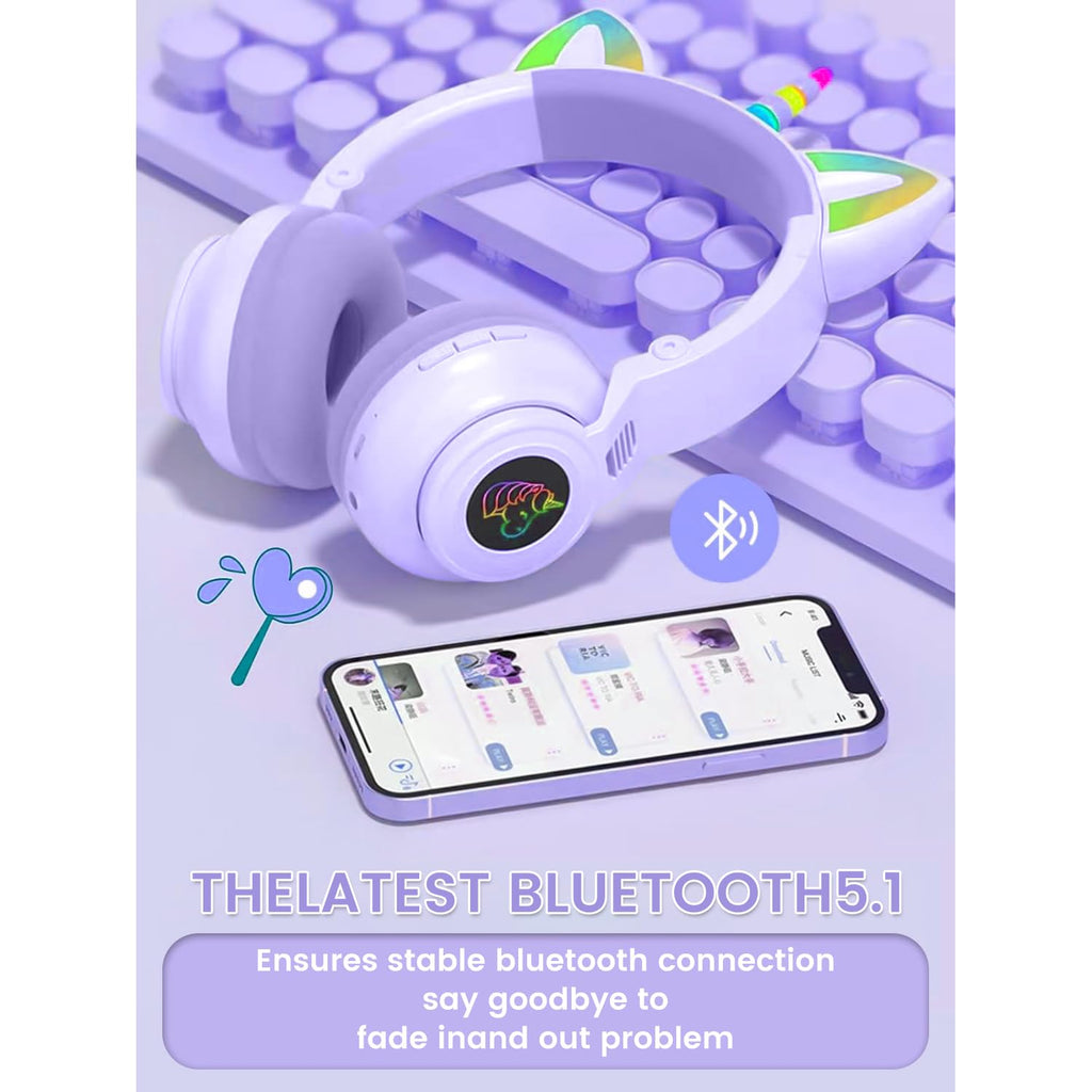 Unicorn Kids' Bluetooth Headphones,Foldable Wireless Headphones for Children with Cable and Microphone Earphones Volume Control,Unicorn-Inspired Gift Design for Birthday Gift & Christmas (purple)