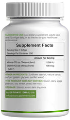 DEAL SUPPLEMENT Vitamin D3 5,000 IU + K2 MK7 Softgels, 250 Count | 2-in-1 Complex | Easy to Swallow