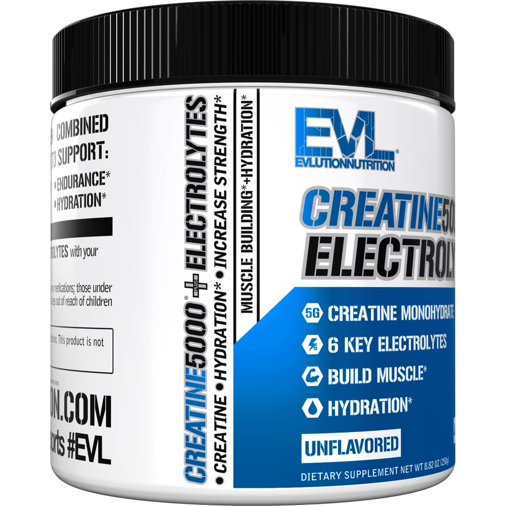 Evlution Nutrition Creatine 5000 + Electrolytes - Supports Faster Recovery, Lean Muscle Growth & Hydration - 5g Creatine Monohydrate & 6 Key Electrolytes Per Serving - 40 Servings - Unflavored Powder
