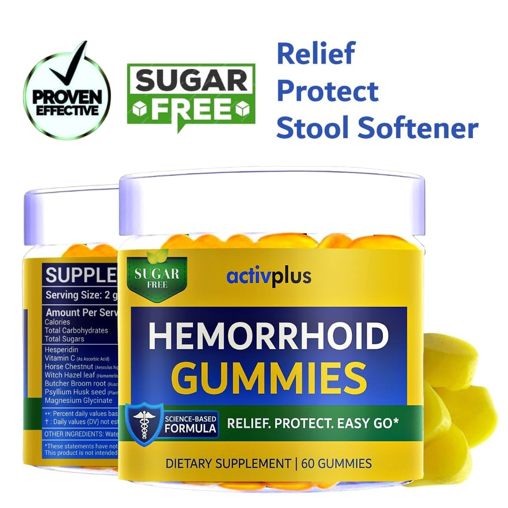 ACTIV PLUS Hemorrhoid Treatment to Reduce Re-occurrences & Easier Regularity with Stool Softener | 7 Clinically Studied hemorrhoid Ingredients | Plant-Based Sugar Free Lemon 60 Vegan Gummies