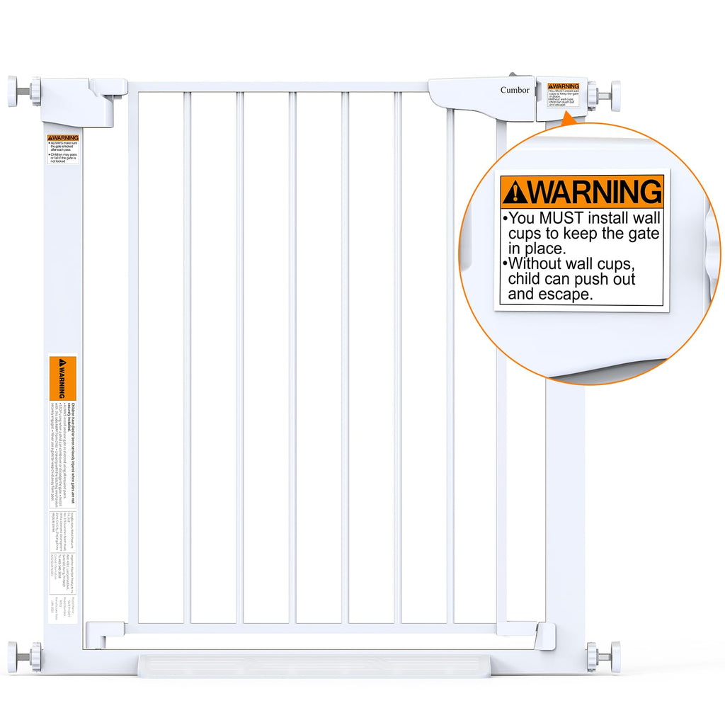 Cumbor 43.5" Auto Close Safety Baby Gate, Extra Tall and Wide Child Gate, Easy Walk Thru Durability Dog Gate for The House, Stairs, Doorways. Includes 4 Wall Cups, 2.75-Inch and 8.25-Inch Extension, W