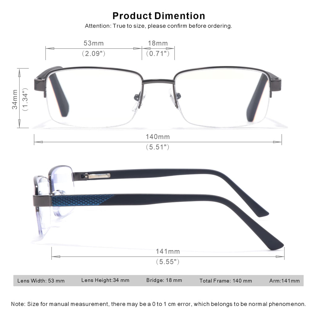 Missfive Mens Premium Multifocus Reading Glasses 0x on Top Center, Blue Light Blocking Far/Mid/Near Progressive Multifocal Readers Metal Frame with No Broken Spring Hinge Eyegwear 1.5 D