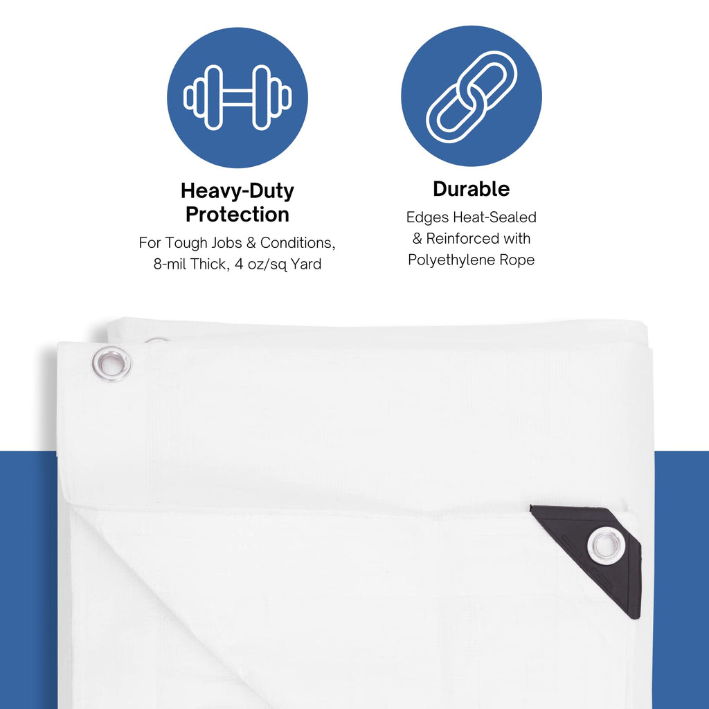 Kotap 30 x 30 Ft. Heavy-Duty Protection/Coverage Tarp, Superior Weave for Greater Longevity 8-mil, Multi-Use, Waterproof, White, 1-Pack (TRW-3030)