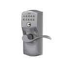 Schlage Camelot Keypad Lock with Lever Handle, Electronic Keyless Door Entry, Flex Lock Auto‑Lock Option, Satin Chrome, FE595 CAM 626 ACC