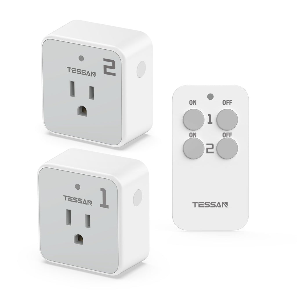 Remote Control Outlet Plug, TESSAN Wireless Light Switch Kit 100ft RF Range, On Off Switch for String Lights, Lamps, Small Appliances, Wireless Power Socket, 15A/1875W (1 Remote and 2 Outlets)