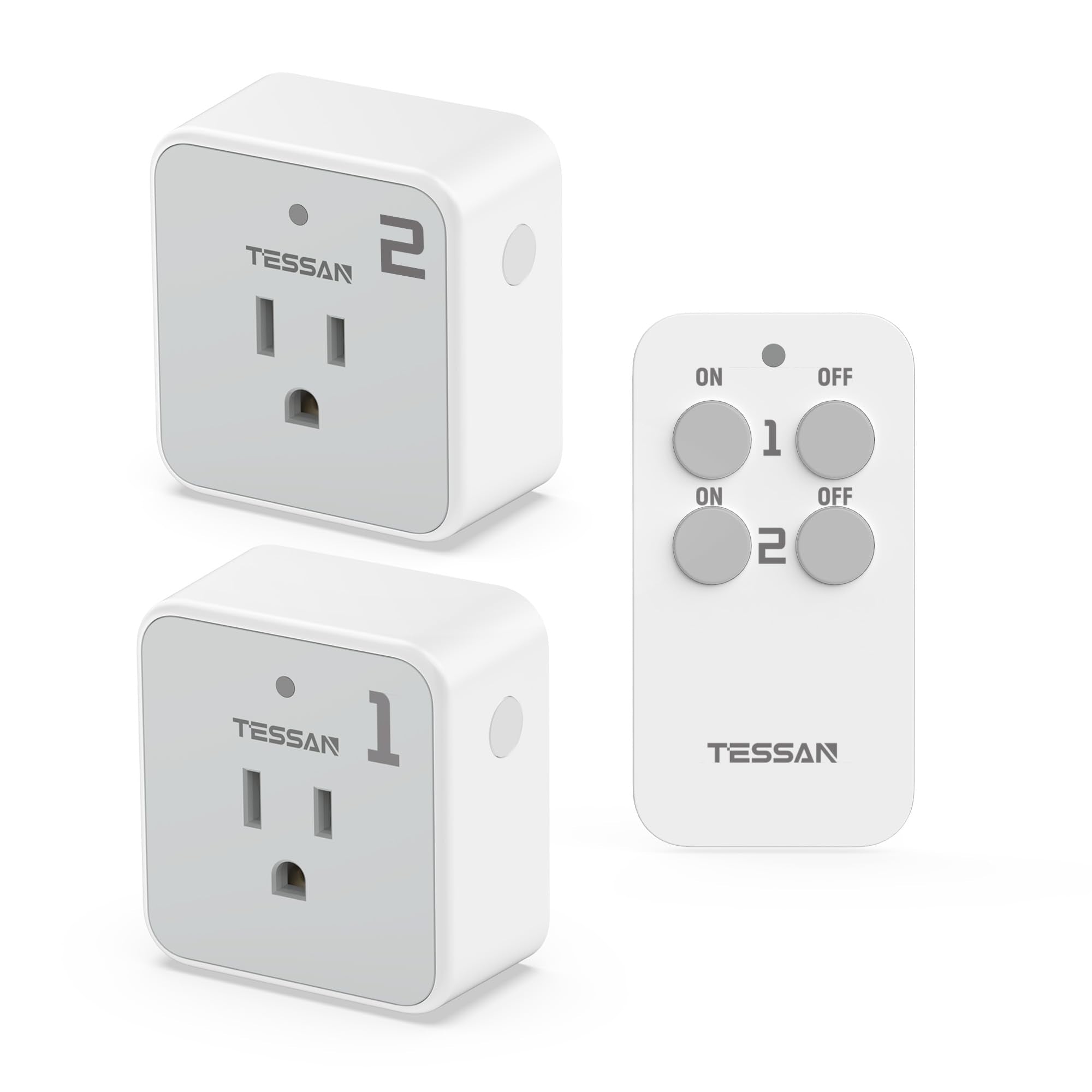 Remote Control Outlet Plug, TESSAN Wireless Light Switch Kit 100ft RF Range, On Off Switch for String Lights, Lamps, Small Appliances, Wireless Power Socket, 15A/1875W (1 Remote and 2 Outlets)