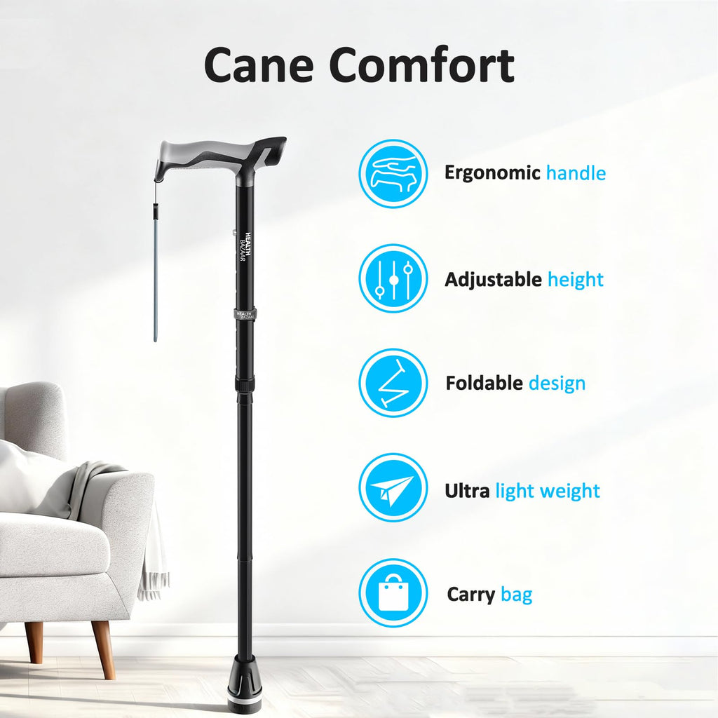 HEALTHBAZAAR Walking Cane with LED Light, Folding Canes for Men & Women with Shock Absorption - Adjustable, Lightweight Collapsible Walking Sticks with Comfort Grip Handle, Heavy Duty All Terrain Tip