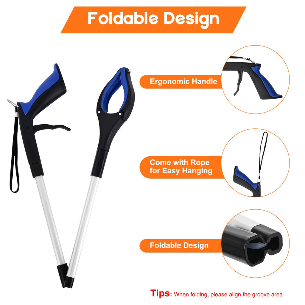 TOPGROT 2-Pack Grabber Reacher Tool, 34" Foldable Reacher Grabber Pickup Tool with 360° Anti-Slip Rotating Jaw & Magnets, 4" Wide Claw Opening Reachers for Seniors, Trash Picker Tool