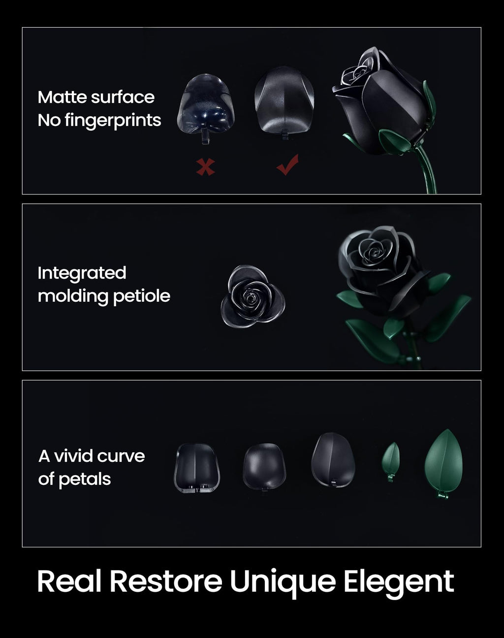 iATOM Black Rose Bouquet Building Set, Compatible with Lego Flowers for Adults - Halloween Artificial Flowers Kit, Gothic Horror Retro Botanical Collection Home Decor - IA11001