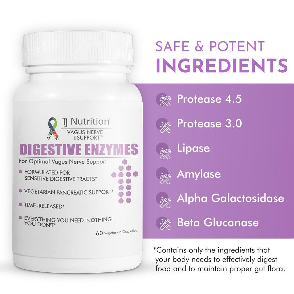 TJ Nutrition Digestive Enzymes for Sensitive Stomachs - Supports Vagus Nerve, Vegetarian Pancreatic Support, Timed Release Formula for Optimal Gut Health, Enhances Food Digestion & Gut Flora
