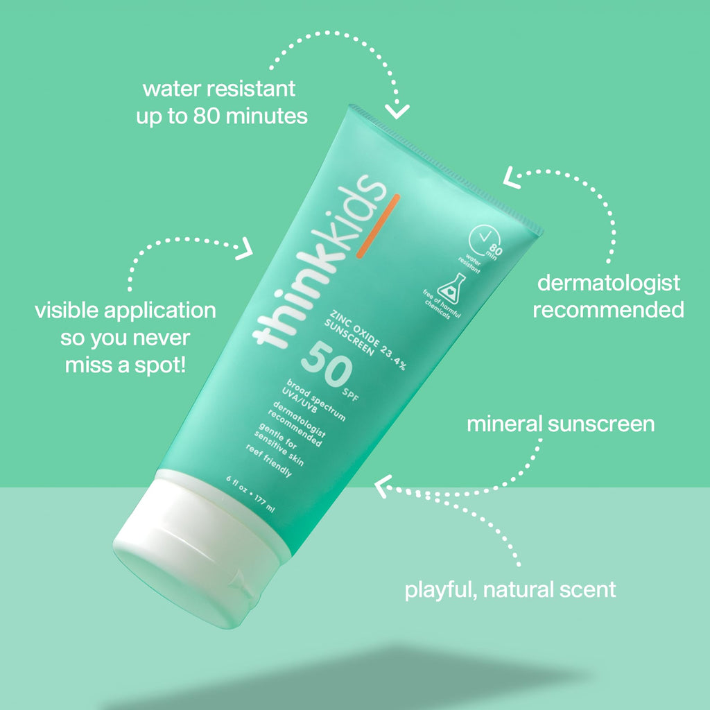 Thinkkids SPF 50+ Mineral Sunscreen, 6 Fl Oz – Safe, Natural Baby Mineral Sunscreen for Children - Water Resistant Sun Cream – Broad Spectrum UVA/UVB Sun Protection – Reef Safe
