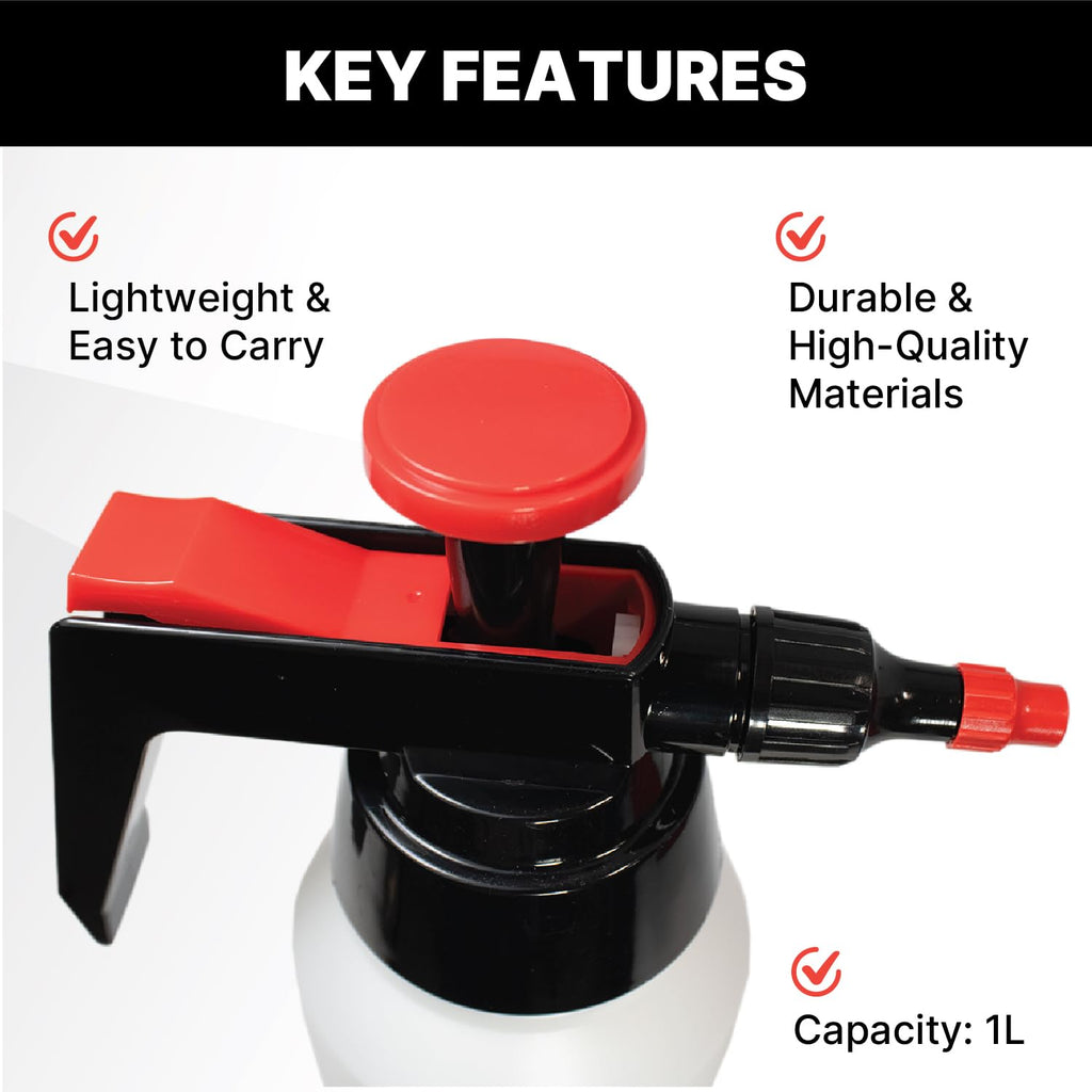 KOTA 1 L Adjustable Hand Pump Pressure Sprayer, Heavy-Duty Multipurpose Bottle for Automotive Solvents, Surface Prep & Car Detailing, Chemical-Resistant PE Construction, Adjustable Spray Pattern 6990