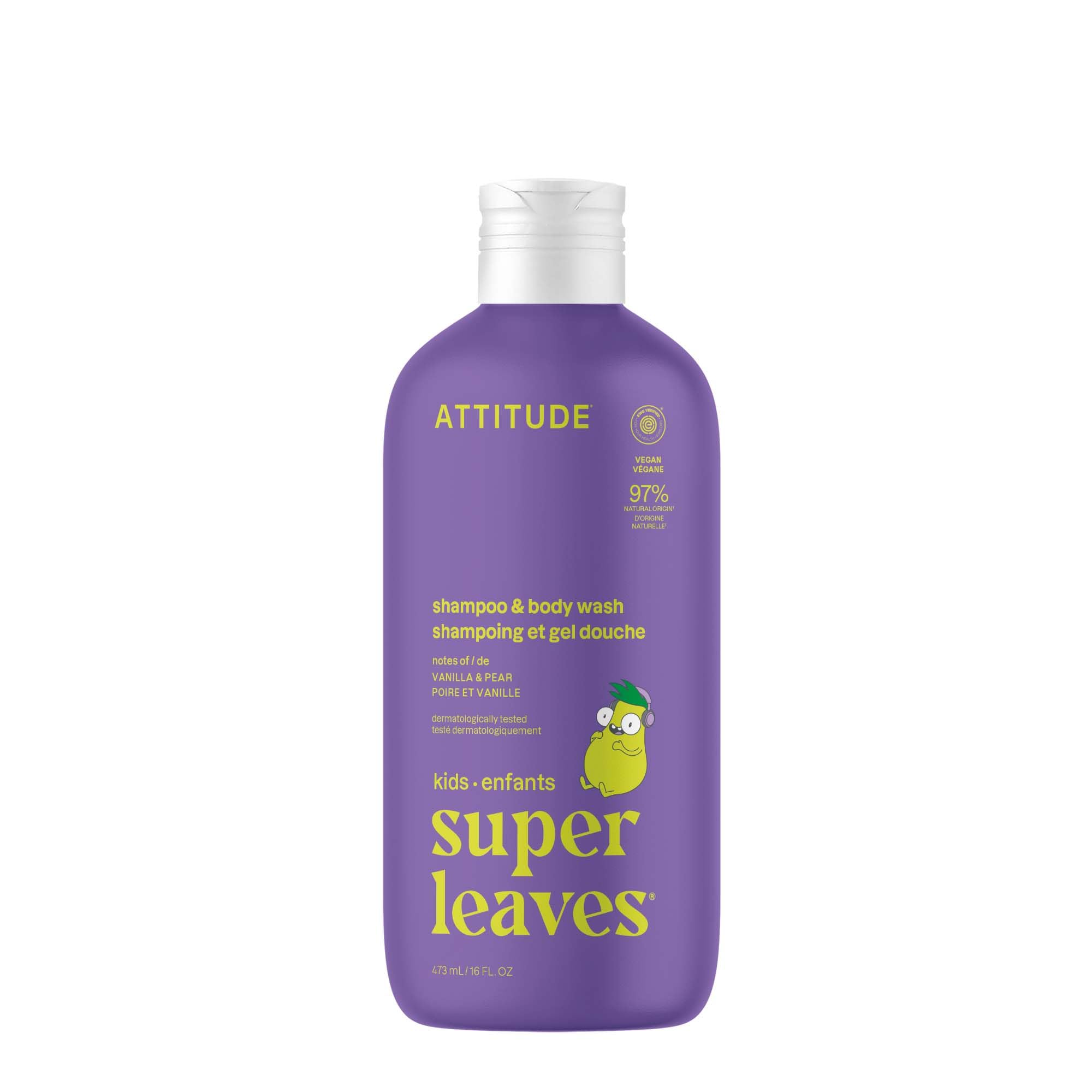 ATTITUDE Shampoo and Body Wash for Kids, EWG Verified Hair and Body Cleanser, Dermatologically Tested Soap, Plant and Mineral Based Bath Products, Vegan, Vanilla & Pear, 16 Fl Oz