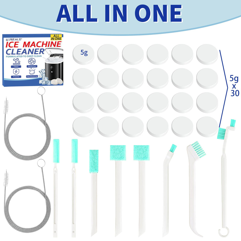 STREALE Ice Machine Cleaner Kit - 30Pack Ice Maker Cleaner Tablets - 10Pcs Pipe & Crevice Brush Set - Commercial & Portable Countertop Icemaker Cleaning Solution