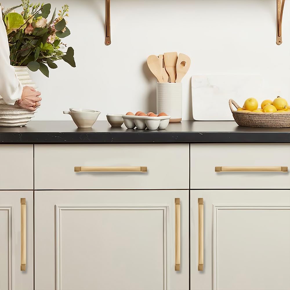 khtumeware 10-Pack 6 Inch Square Brushed Brass Cabinet Pulls, Solid Satin Brass Zinc Alloy Heavy-Duty Handles for Kitchen/Bathroom Cabinets, Drawers & Cupboards (6 Inch Center to Center)