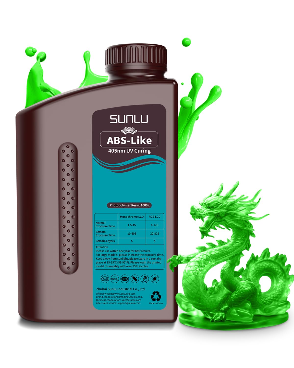 SUNLU ABS-Like 3D Printer Resin, 405nm UV Curing Photopolymer Rapid 3D Resin for 2K 4K 6K 8K LCD/DLP/SLA 3D Printers, Non-Brittle & High Precision & Low Shrinkage, Clear Green 1KG
