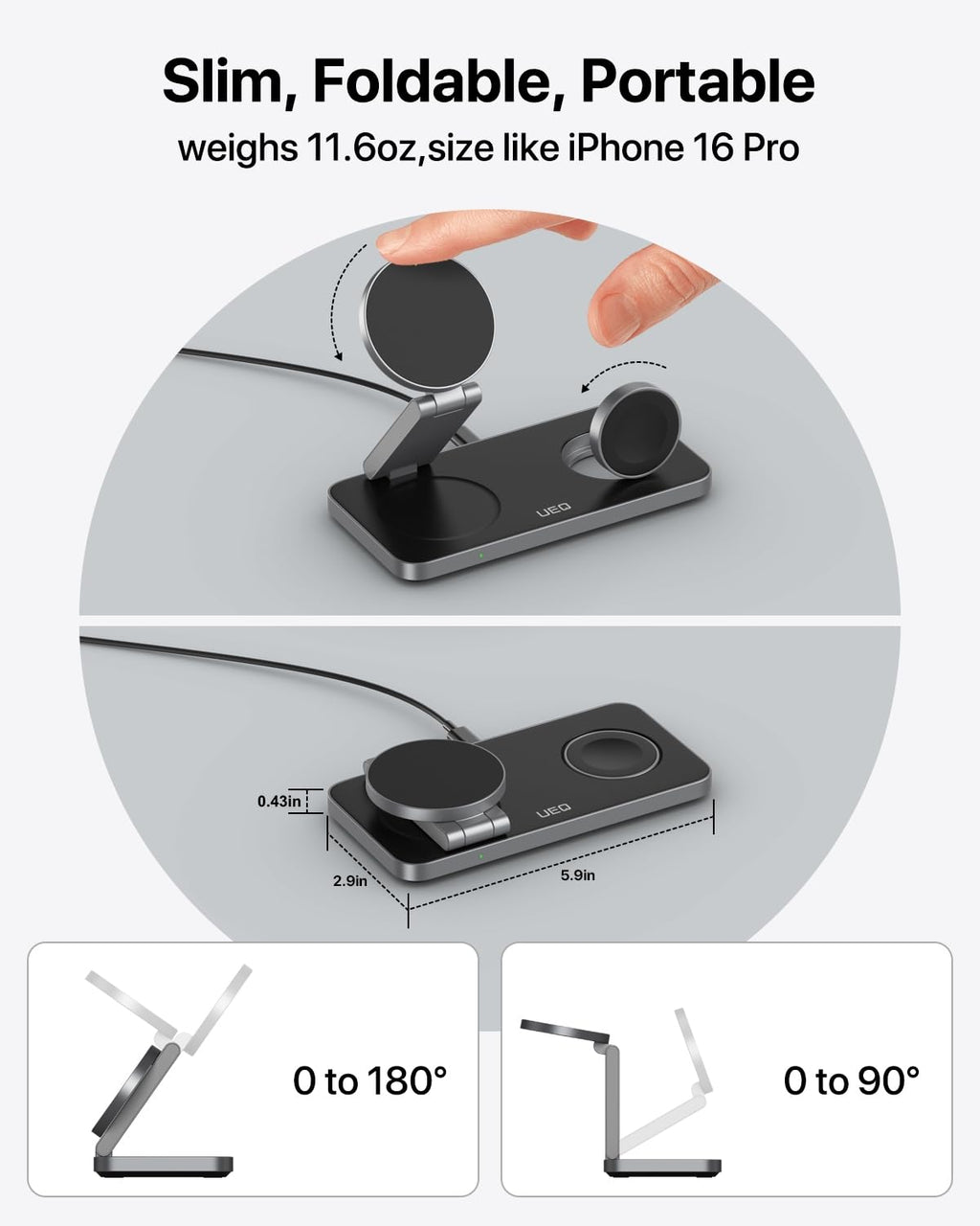 UEQ Foldable 3 in 1 Wireless Charging Station for Apple Magsafe Charger Stand,Fast Magnetic Wireless Charger Station for iPhone 18 Pro Max 17 Air 16 15 14 13 12 Series,Apple Watch,AirPods(Pure Black)