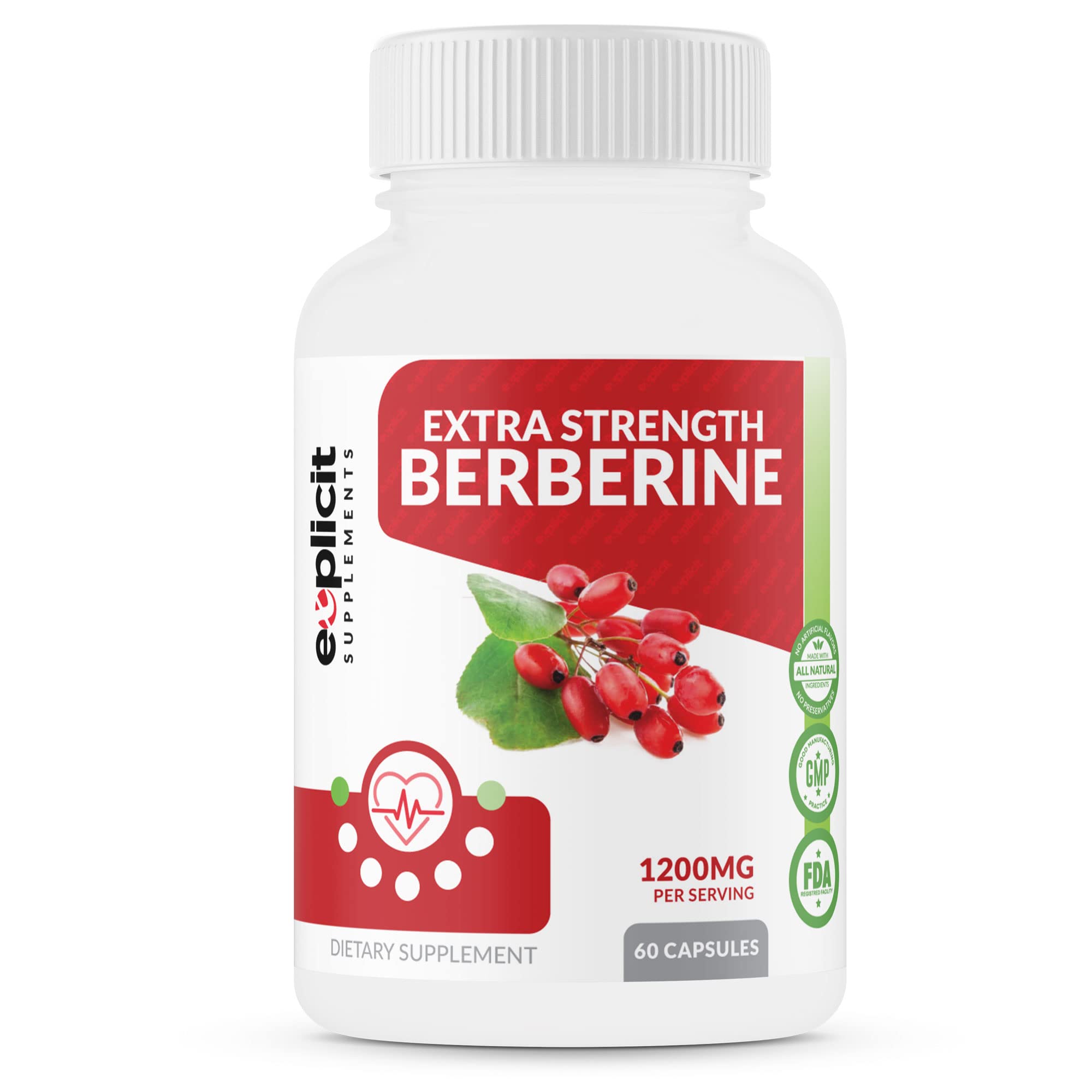 eXplicit Supplements Natural Berberine HCl - 1200mg Max Strength – 60 Capsules - 1 Month Supply