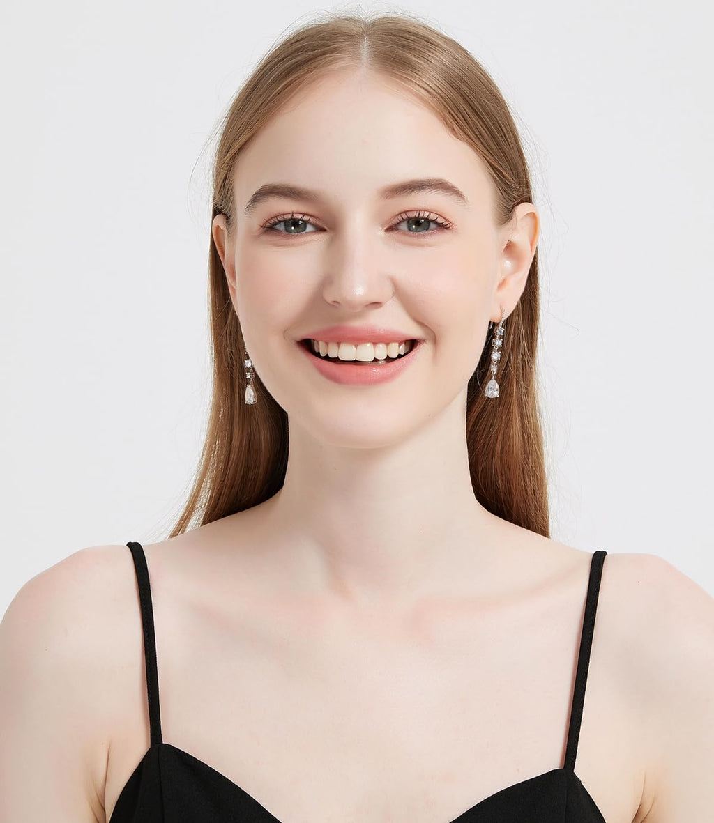 Silver Teardrop CZ Dangle Earrings Long Hook Bride Bridesmaid Wedding