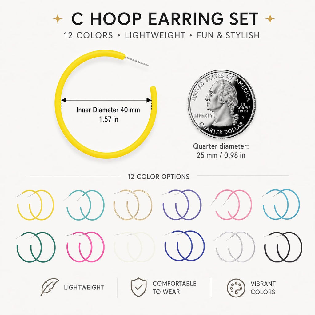 IPHTSKEU 12 Pairs Colorful C Hoop Earrings, 40 mm